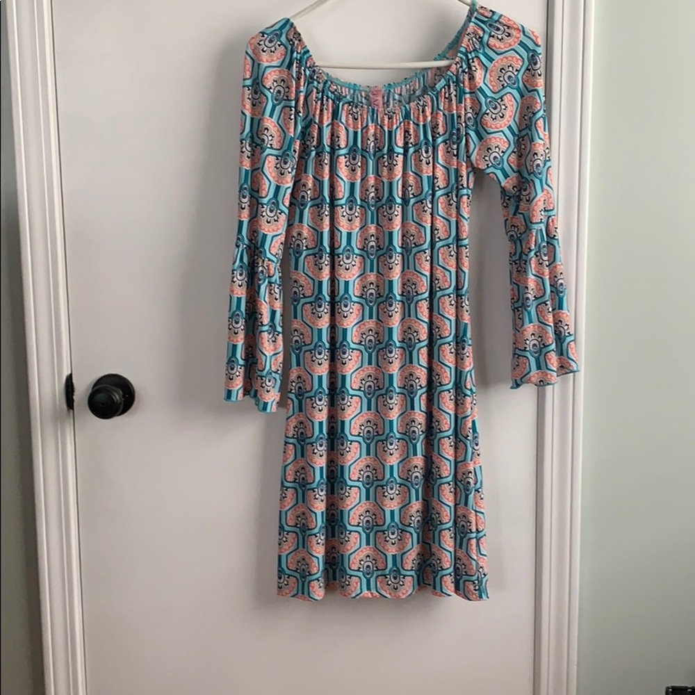 Bell Sleeve Midi Aqua & Pink Dress